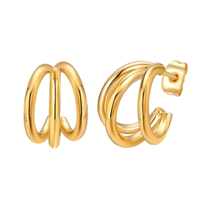 Golden stainless steel triple-layer C-shaped hoop earrings with a high-polished finish