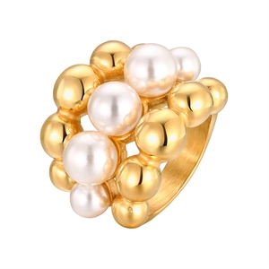 Chic multi-layered gold stainless steel ring with white pearls and clustered metal beads