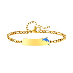 Gold-tone stainless steel Figaro chain bracelet with blue dolphin plate for women