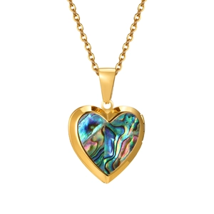 Golden heart locket necklace for women featuring iridescent abalone shell inlay