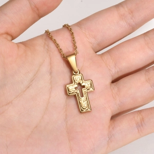 Gold stainless steel oval Virgin Mary pendant necklace with baroque relief and cross