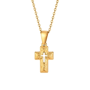 Gold hollow cross pendant necklace with vintage floral engraving on white background