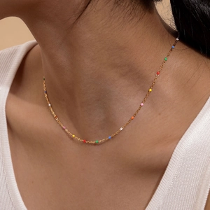Bohemian gold stainless steel necklace with colorful enamel rainbow beads for women