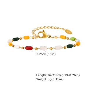 Detailed macro view of multi-color beads bracelet with 18K gold-plated clasp and K18 tag