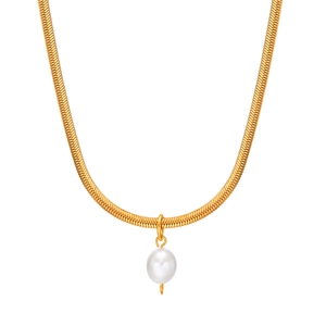 Elegant gold flat snake chain necklace with a single round white pearl pendant for women