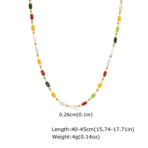 Detail of colorful faceted beads on 18K gold-plated stainless steel chain necklace