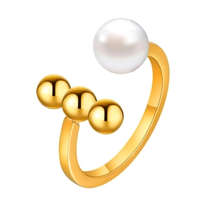 Minimalist gold open ring featuring a large white pearl and three metallic spheres