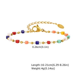 Detailed view of 18K gold-plated chain with multi-colored square beads and K18 hallmark tag