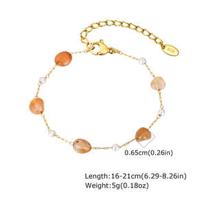 Detail of gold chain bracelet with orange translucent stones and pearls, 16-21cm length