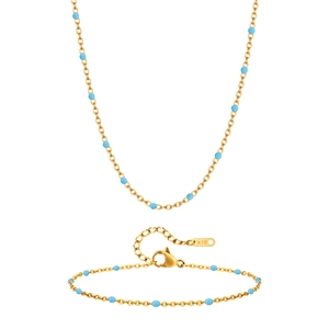 Bohemian gold plated stainless steel necklace and bracelet set with mint green beads