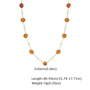 Detail of gold chain necklace with pearls and amber stones showing length and weight specs