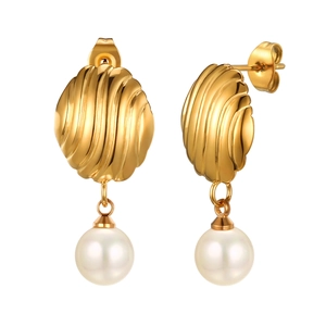 Golden shell textured pearl drop earrings shown in front and side view on white background
