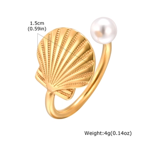 Golden stainless steel scallop shell ring with pearl accent for women featuring open band