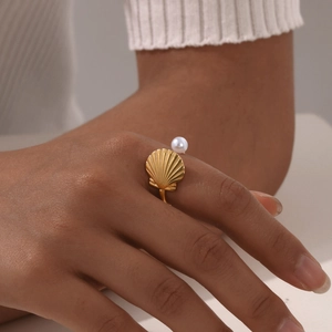 Golden stainless steel scallop shell ring with white pearl accent for women
