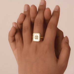 Elegant gold-plated octagonal ring featuring white shell inlay and zircon accents