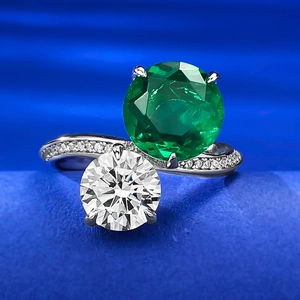 S925 Sterling Silver Two Stone Ring Round Green Artificial Gemstone White Rhinestone Pave Band Jewelry For Women