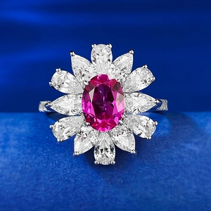 Bague Tournesol en Argent Sterling 925 de Luxe pour Femmes Ovale Rouge Rose Zirconia Incrusté Fleur Bague Bijoux de Fête Élégants