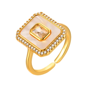 Gold geometric octagon ring with shell inlay and zircon accents for women