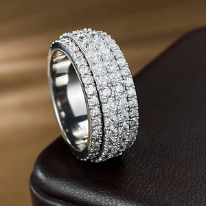 Luxurious 925 Sterling Silver Multi Row Rhinestone Pavé Wide Ring Geometric Spinning Fashion Jewelry Rotating Finger Ring