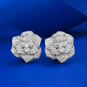 925 Sterling Silver Camellia Flower Stud Earrings Luxury Rhinestone Full Inlaid Floral Earring Post For Women Jewelry