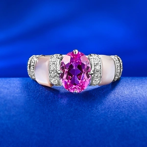 Bague en Argent Sterling 925 Zircon Rose Incrustation de Nacre Taille Ovale Luxe Vintage Élégante Bague pour Femme Bijoux
