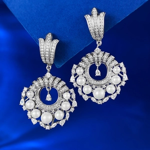 Boucles d'Oreilles Pendantes Fleurs en Künstliche Perles Zirconium Avec Tige en Argent Sterling 925 Bijoux Vintage Français Mode Femme Pour Mariage Fête