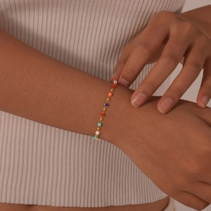 Detail of multi-color rectangular beads on minimalist 18K gold plated stainless steel chain