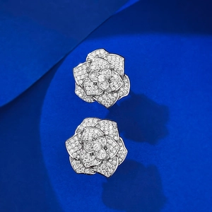 Exquisite S925 silver camellia stud earrings with sparkling pave-set white zircons