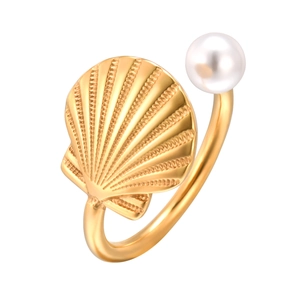 Gold stainless steel open ring featuring a delicate scallop shell and round pearl accent