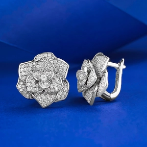 S925 sterling silver camellia flower stud earrings with micro-pave sparkling cubic zirconia