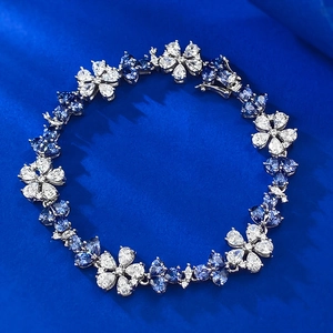 Bracelet de Luxe en Argent Sterling 925 pour Femmes Fleur Incrusté de Strass Bleu Blanc Bijoux Floraux Élégants