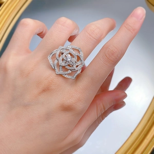 Exquisite S925 sterling silver camellia rose ring with micro-pave petals for women