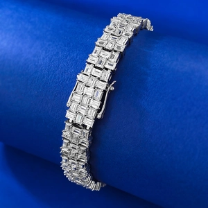 Luxueux Bracelet en Argent Sterling 925 Trois Rangs Taille Baguette Strass Blanc Incrusté Bijoux de Mode Unisexe