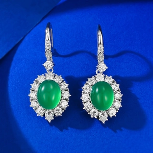 925 Sterling Silver Green Chalcedony Stud Earrings For Women Elegant Oval Cabochon Rhinestone Halo Fashion Jewelry
