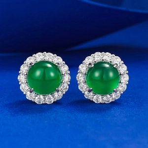 Lussuosi Orecchini a Bottone in Argento Sterling 925 con Calcedonio Verde Simulato Eleganti Orecchini Halo Tondi con Strass da Donna