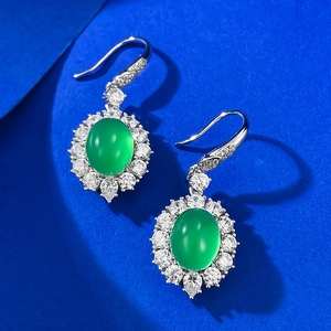Elegant 925 silver stud earrings with oval green chalcedony and brilliant zircon halo