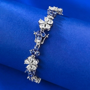 Bracelet floral de luxe en argent S925 avec pierres bleues et cristaux étincelants