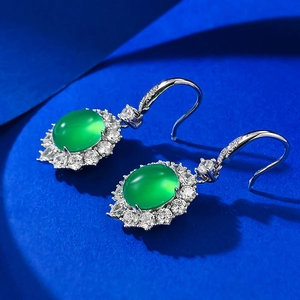 Elegant S925 silver oval green chalcedony earrings with halo cubic zirconia accents
