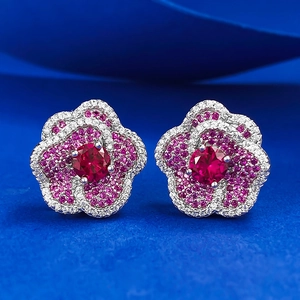 Elegant Pigeon Blood Red Round Zirconia 925 Sterling Silver Stud Earrings Women Camellia Flower Noble Wedding Jewelry