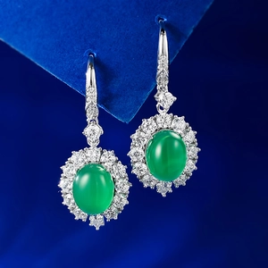 925 silver stud earrings featuring green oval chalcedony stones and zircon halo