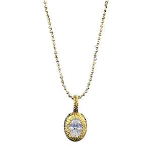 Vintage Gold S925 Silberhalskette mit graviertem Oval-Anhänger und Zirkonia-Stein