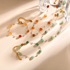 Elegant French Retro Gold Plated Stainless Steel Necklace Bracelet Imitation Amber Jade Stone Artificial Pearl Jewelry For Women