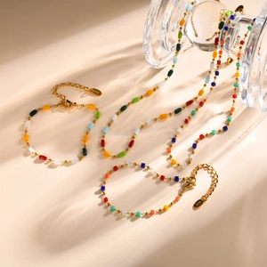 Stainless Steel Gold Plated Rainbow Beaded Necklace Bracelet Set Faceted Colorful Geometric Square Bead Jewelry For Women
