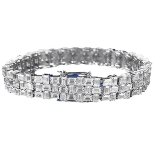 Bracelet luxueux en argent 925 avec trois rangées de zircons cubiques taille baguette