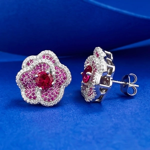 Classic floral round stud earrings with red pigeon blood center stone and pavé zircons