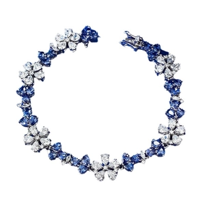 Bracelet fleur en argent 925 de luxe avec pierres bleues poire et zircons blancs étincelants
