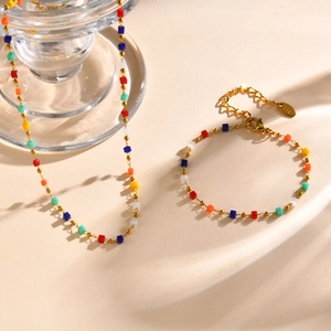 18K gold plated stainless steel jewelry set with colorful cubic beads necklace and bracelet