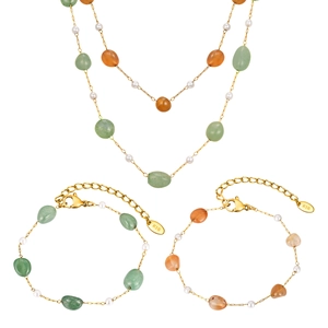Golden stainless steel jewelry set featuring green jade, amber stones and white pearls