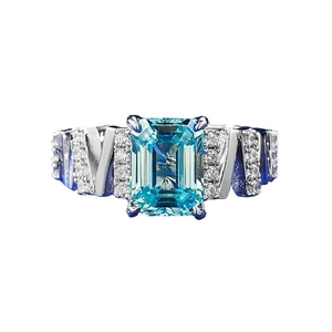 S925 Silver ring with rectangular blue gemstone and blue enamel diamond band details
