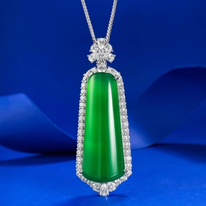 S925 Sterling Silver Emerald Green Chalcedony Pendant Necklace For Women Vintage Geometric Inlaid Rhinestone Fine Jewelry